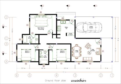 บ้าน เดี่ยว 8x17 เมตร 3 ห้องนอน 2 ห้องน้ำ แปลนเต็ม